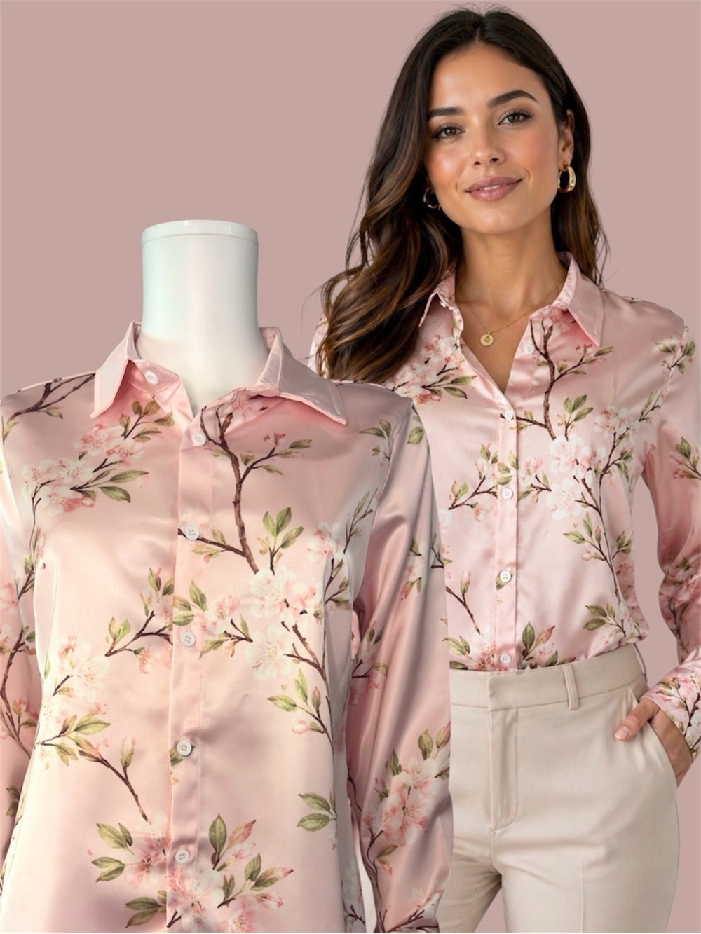 Pink Cherry Blossom Button Down Blouse Womens Small